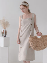 Linen Midi Dress with Button Detail and Wide Shoulder Straps